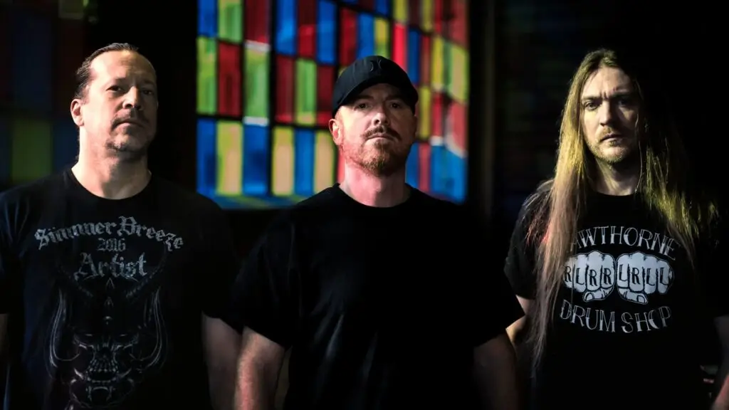Dying Fetus power trio — John Gallagher, Sean Beasley, and Trey Williams — official press photo