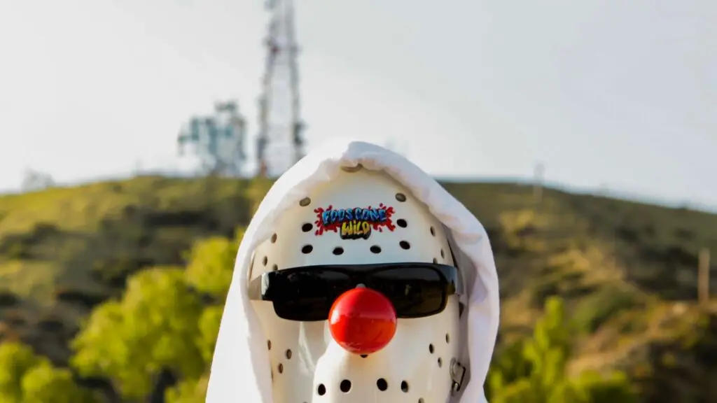 Foos Gone Wild's Lil MR. E in signature hockey mask at outdoor promotional shoot for 2026 tour