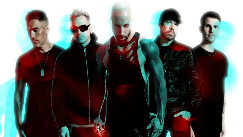 Daughtry band promotional photo featuring Chris Daughtry and bandmates in stylized red and cyan lighting
