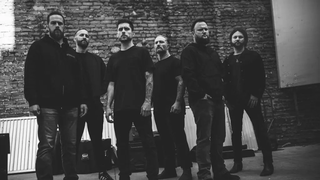 Whitechapel band members pose in black and white for their 20th Anniversary Tour promotional photo