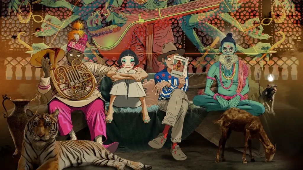 Gorillaz official promo art: 2D, Noodle, Russel, and Murdoc in South Asian setting, The Mountain Tour 2026