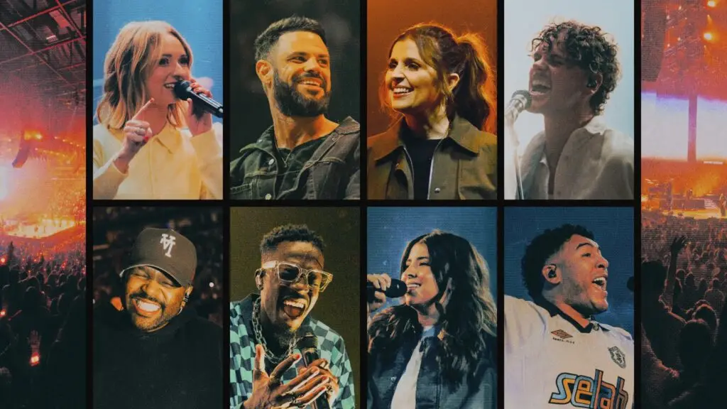 Elevation Worship lead vocalists performing live on arena stage, Elevation Nights Tour