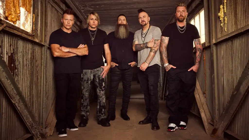 Three Days Grace band press photo, five members posed in industrial corridor, Alienation Tour 2026